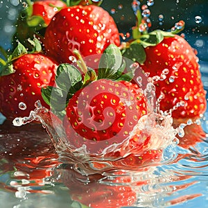 Strawberry water poster, splash of water, Solid color background, AI generated