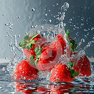 Strawberry water poster, splash of water, Solid color background, AI generated