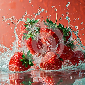 Strawberry water poster, splash of water, Solid color background, AI generated