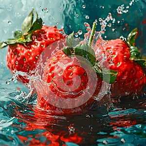 Strawberry water poster, splash of water, Solid color background, AI generated