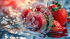 Strawberry water poster, splash of water, Solid color background, AI generated