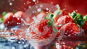 Strawberry water poster, splash of water, Solid color background, AI generated