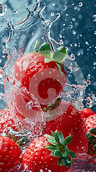 Strawberry water poster, splash of water, Solid color background, AI generated