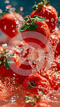 Strawberry water poster, splash of water, Solid color background, AI generated