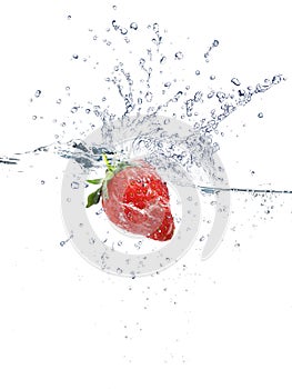 Strawberry Water splash over white background