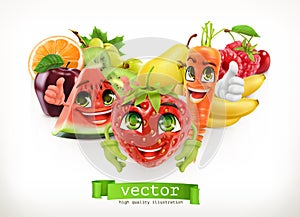 Strawberry, watermelon, carrot and juicy fruits. Funny cartoon characters. 3d vector illustration