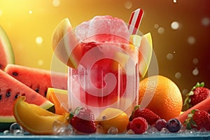 Strawberry, watermelon, orange, raspberry, lime, lemon and blueberry fruit ice, refreshing fruity icecream, AI Generated