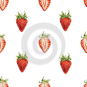 Strawberry on white background. Watercolor drawing of strawberry berries. Handwork drawn. Watercolor seamless strawberry pattern