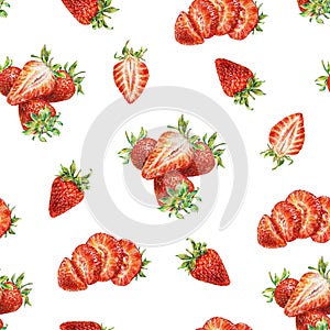 Strawberry on white background. Watercolor drawing of strawberry berries. Handwork drawn. Watercolor seamless strawberry pattern