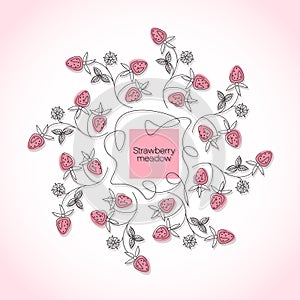 Strawberry wreath. Round frame. Wild strawberry, berry arranged in a circle. Vector background.
