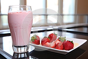 a strawberry yogurt drink next to a running treadmill