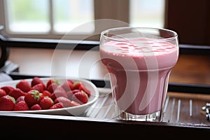 a strawberry yogurt drink next to a running treadmill