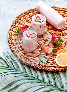 Strawberry yogurt with fresh berries, Healthy food and drink concept.