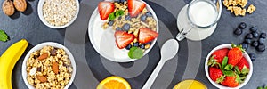 Strawberry yogurt fruit breakfast spoon bowl pot healthy eating yoghurt food slate banner