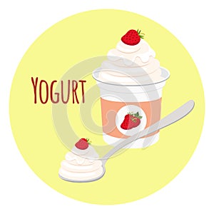 Strawberry yogurt in plastic cup. Milk cream product. Flat style