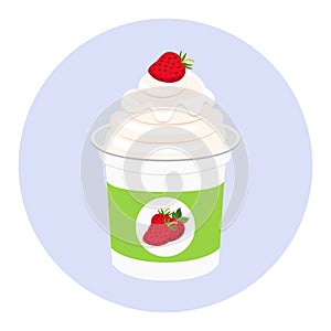 Strawberry yogurt in plastic cup. Milk cream product. Flat style