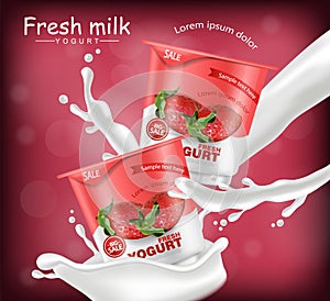 Strawberry yogurt Vector realistic. Product placement mock up. Fresh yogurt splash with fruits. Label design. 3d detailed