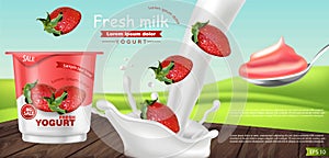 Strawberry yogurt Vector realistic. Product placement mock up. Fresh yogurt splash with fruits. Label design. 3d detailed