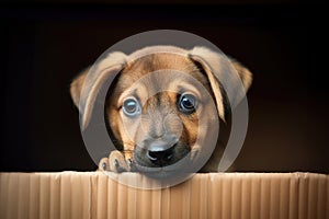 Stray brown mixed breed puppy in cardboard box. Sad homeless baby dog sitting alone in box and looking sadly to camera