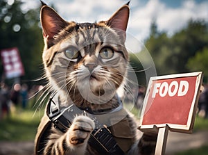 A stray cat begs with a food sign. AI created.