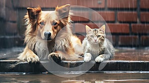 Stray cat and dog sitting on the street during the rain