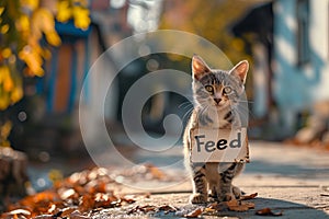 Stray cat with a "Feed" sign on the street. Concept of stray care, animal welfare, street cats, pet hunger, feeding