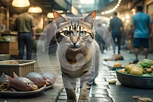Stray cat looking for food at a food market