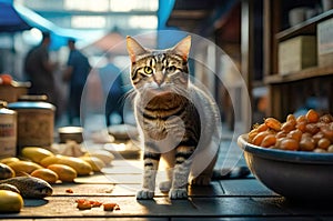 Stray cat looking for food at a food market