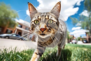 Stray cat running at fast pace towards the camera, wide angle shot. Generative AI