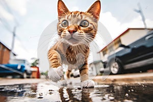 Stray cat running at fast pace towards the camera, wide angle shot. Generative AI