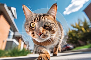 Stray cat running at fast pace towards the camera, wide angle shot. Generative AI.