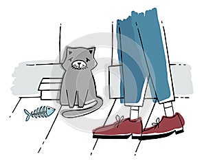 The stray cat at street. Homeless kitten with sad look. Hand drawn vector illustration.