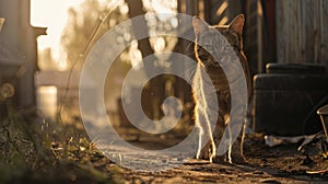 A stray cat takes advantage of the calm and takes a leisurely stroll through the stand undisturbed by the absence of photo