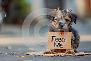 Stray cute puppy with a "Feed me" sign on the street. Concept of stray care, animal welfare, street dogs, pet hunger