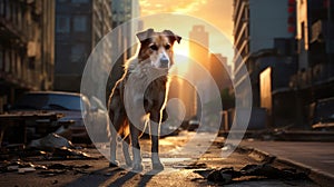 Stray dog in the downtown of a big city. Lost animal in the street of megapolis. Pets outdoors. AI Generated