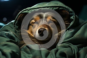 A stray dog enveloped in a green hooded coat appears serene, with eyes closed. This image exudes animal neglect and
