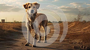 Stray dog on a road in the middle of nowhere. Lost hungry animal. AI Generated