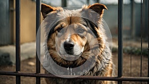 Stray dog sits behind bars in dog shelter and waiting an owner for adoption