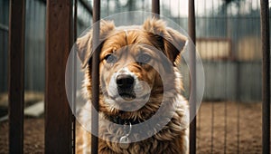 Stray dog sits behind bars in dog shelter and waiting an owner for adoption