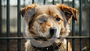 Stray dog sits behind bars in dog shelter and waiting an owner for adoption