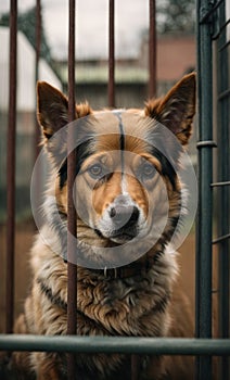 Stray dog sits behind bars in dog shelter and waiting an owner for adoption