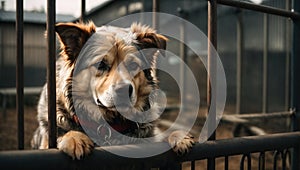 Stray dog stand behind bars in dog shelter and waiting an owner for adoption