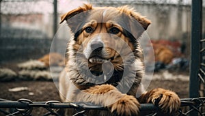 Stray dog stand behind bars in dog shelter and waiting an owner for adoption