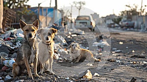 Stray dogs captured in poignant scene amidst overflowing landfill at sunset photo