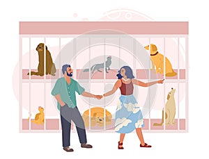 Stray dogs and cats sitting in cages and waiting for new owners. Happy couple adopting pet dog, flat vector illustration