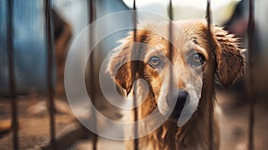 Stray homeless dog in animal shelter cage. Sad abandoned hungry dog behind old rusty grid of the cage in shelter for homeless