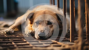 Stray homeless dog in animal shelter cage. Sad abandoned hungry dog behind old rusty grid of the cage in shelter for homeless