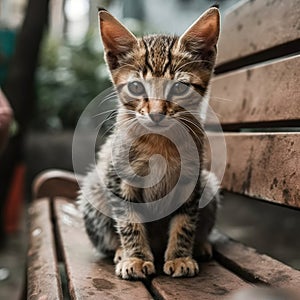 Stray kitten on a bench. Generative AI.