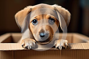 Stray puppy in cardboard box. Sad homeless baby dog sitting alone in box and looking sadly to camera