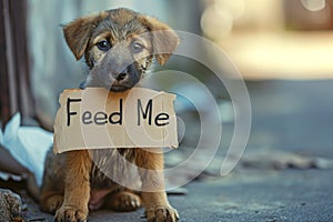 Stray puppy with a "Feed me" sign on a sidewalk. Concept of stray care, animal welfare, street dogs, pet hunger, feeding